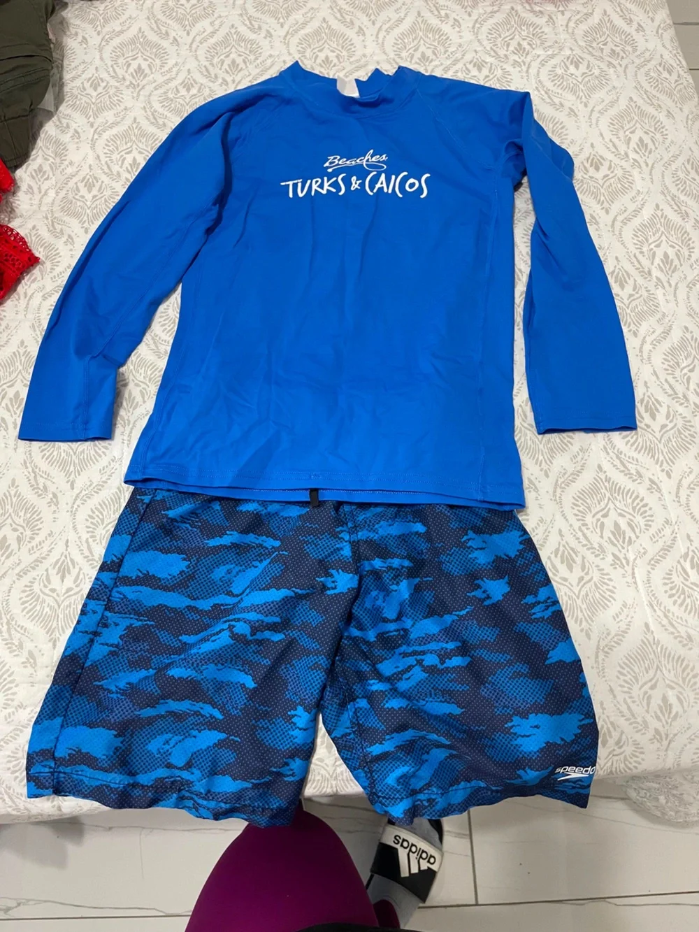 Beaches Turks & Caicos Blue Rash Guard and Camo Swim Shorts Set For Boys